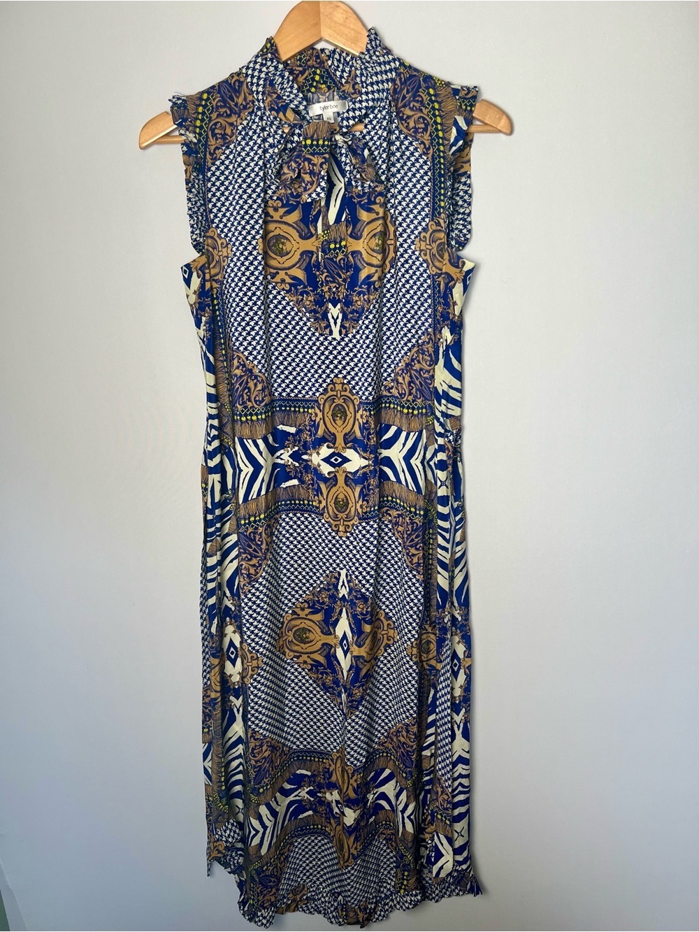 Tyler Böe Women’s 100% Silk Sleeveless Maxi Dress Multi Print Blue W/ Sash XS